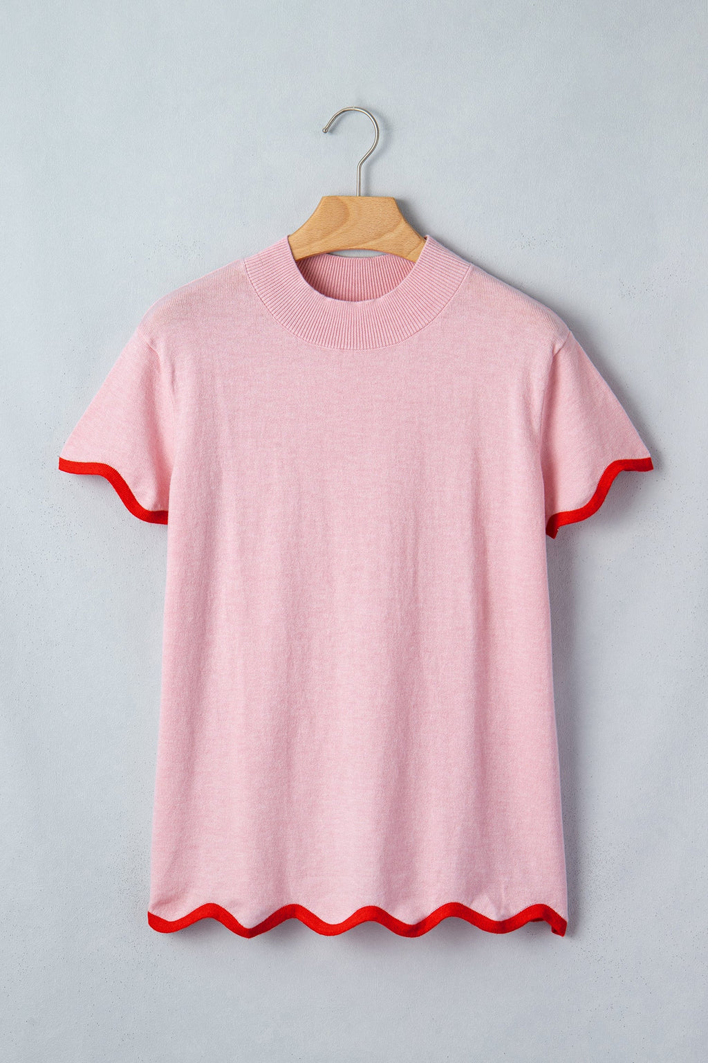 Pink Stand Neck Contrast Wavy Trim Short Sleeve Sweater