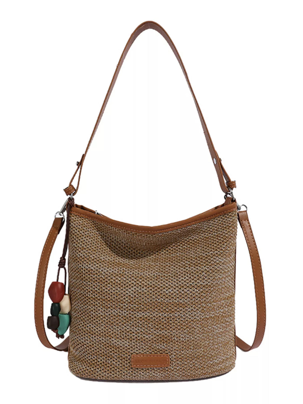 Straw Crossbody Bag with Leather Trim and Tassel Charm
