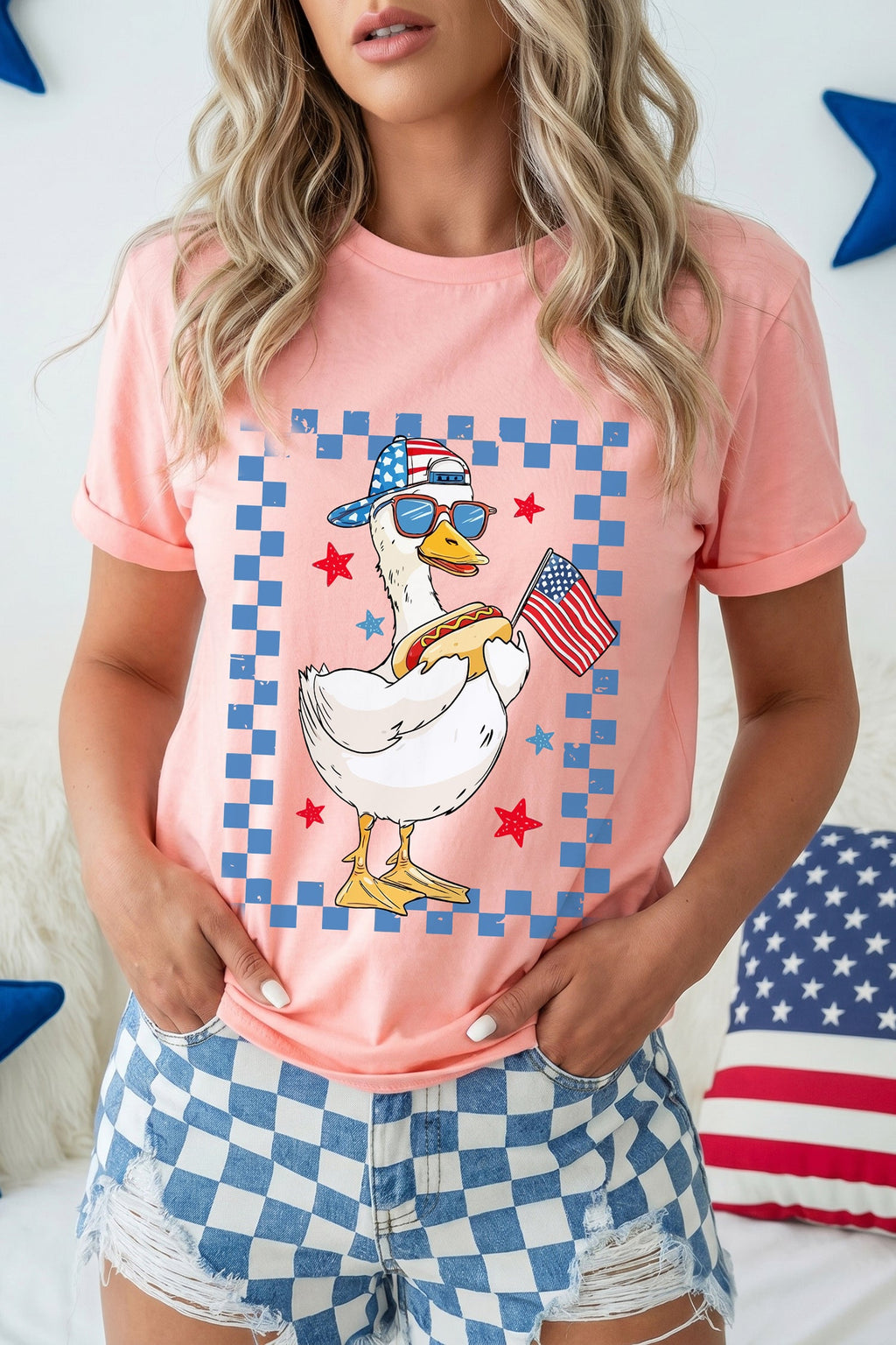Pink America Goose 4th Of July Patriotic Flag Graphic T Shirt