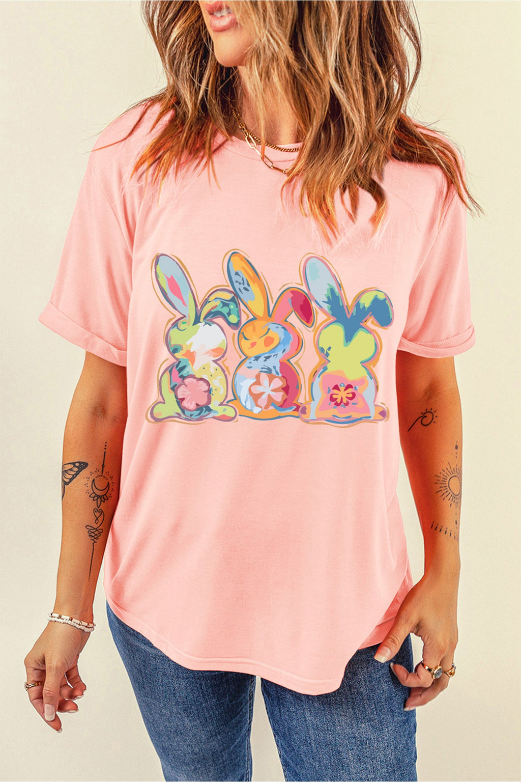 Pink Cute Doddle Bunny Easter Fashion Graphic Tee