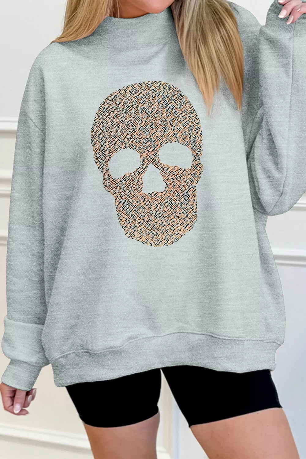 Halloween Rhinestone Skull Graphic Mock Neck Baggy Pullover Sweatshirt