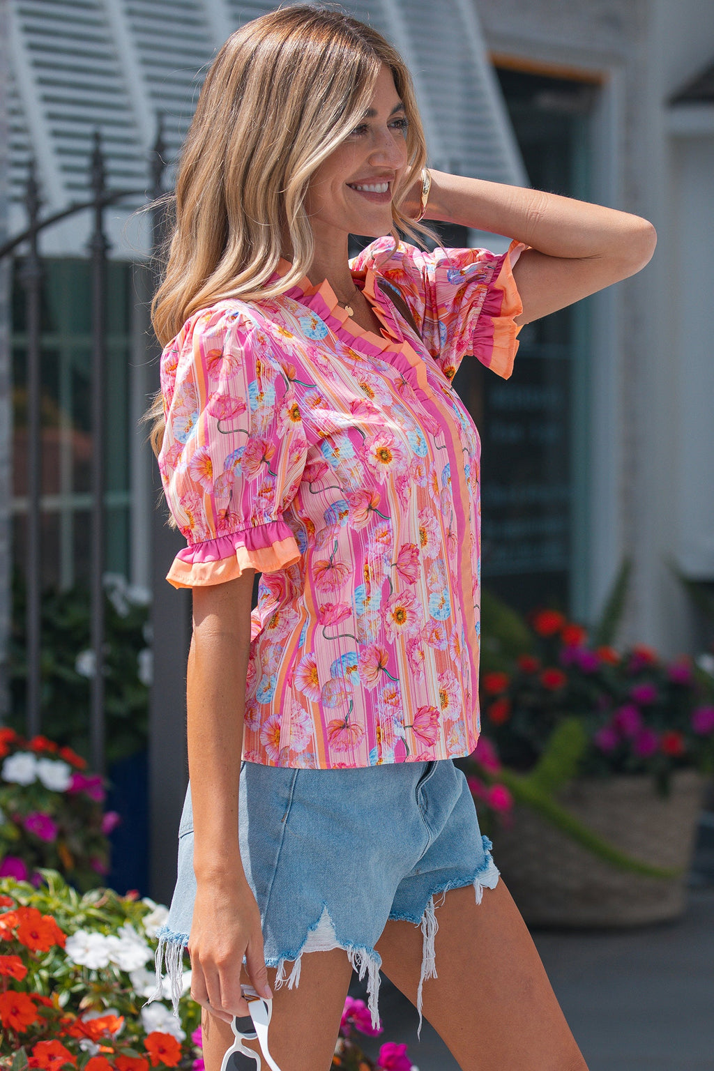 Pink Poppy Flower Striped Print Color Block Trim V Neck Short Sleeve Blouse