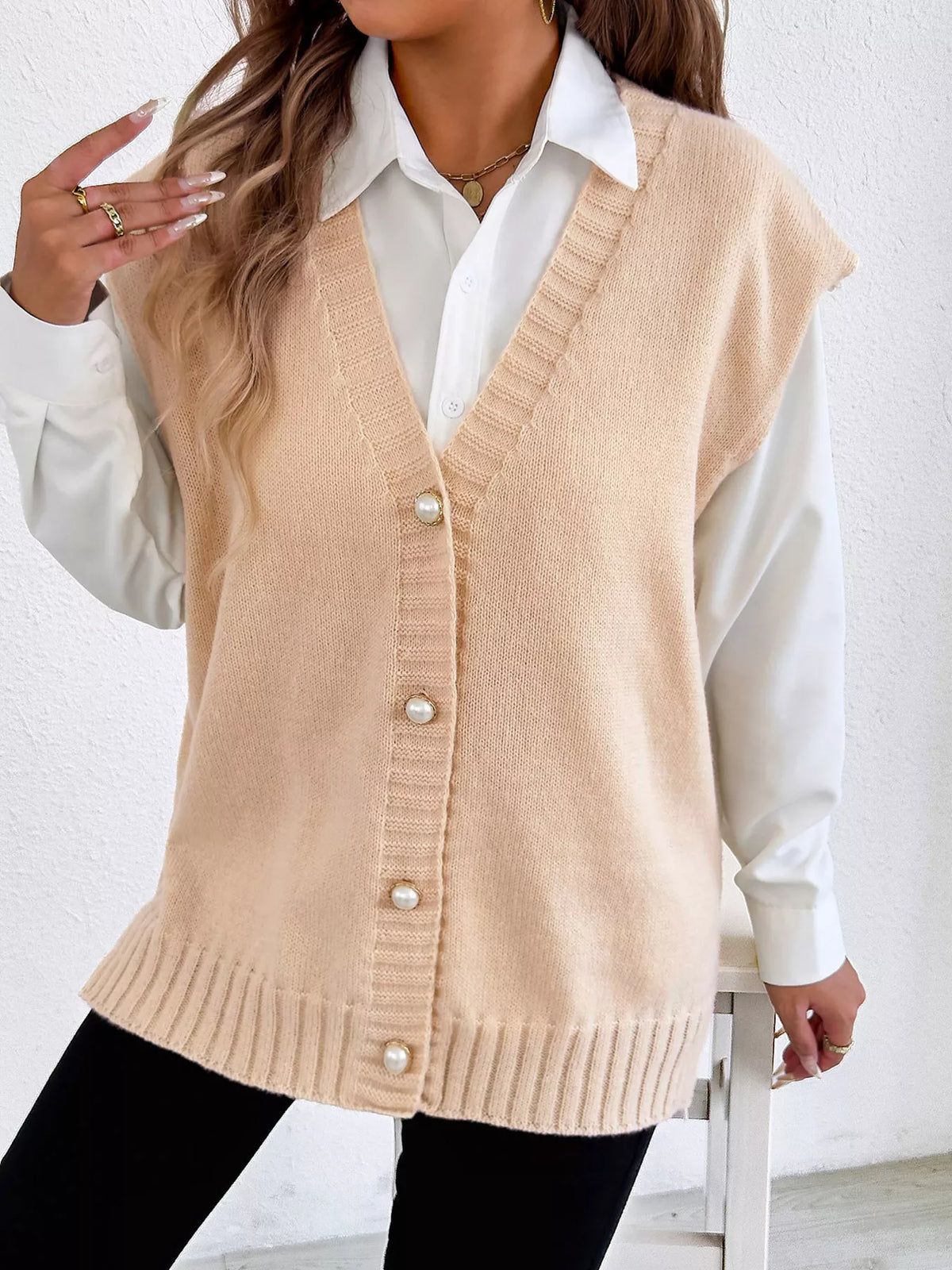 V-Neck Button-Front Knit Sweater Vest