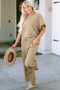 Textured Short Sleeve Drawstring Top and Pants Set