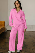 Bright Pink Polo Collar V Neck Pullover and Drawstring Sweatpants Set