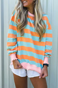 Orange Stripe Ribbed Color Block Trim Round Neck Long Sleeve Shift Top