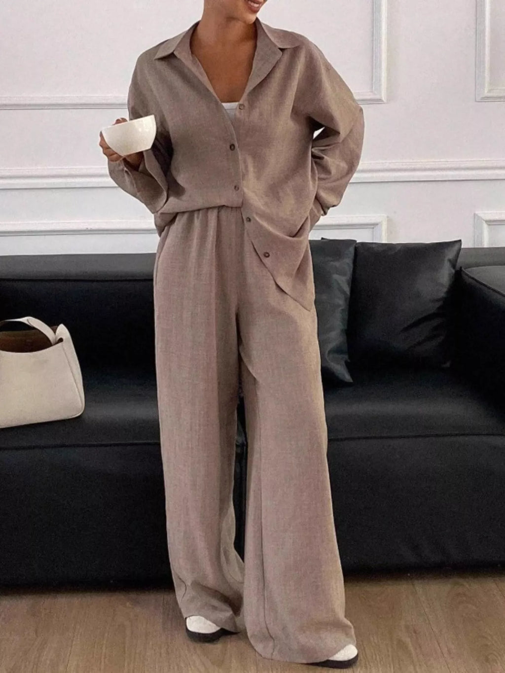 Button Up Long Sleeve Shirt and Wide Leg Pants Set