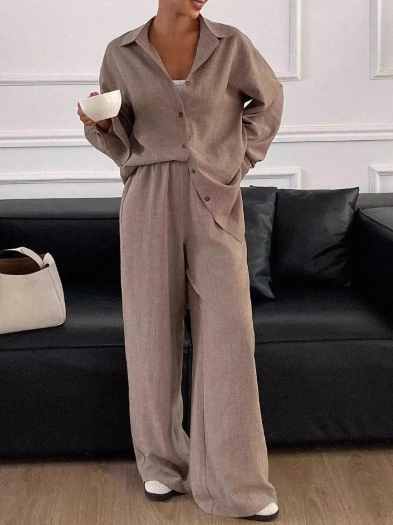 Button Up Long Sleeve Shirt and Wide Leg Pants Set