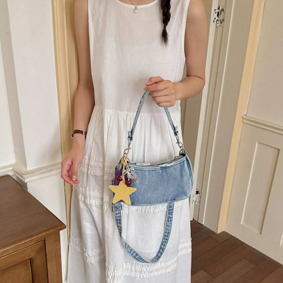 Star Charm Denim Shoulder Bag