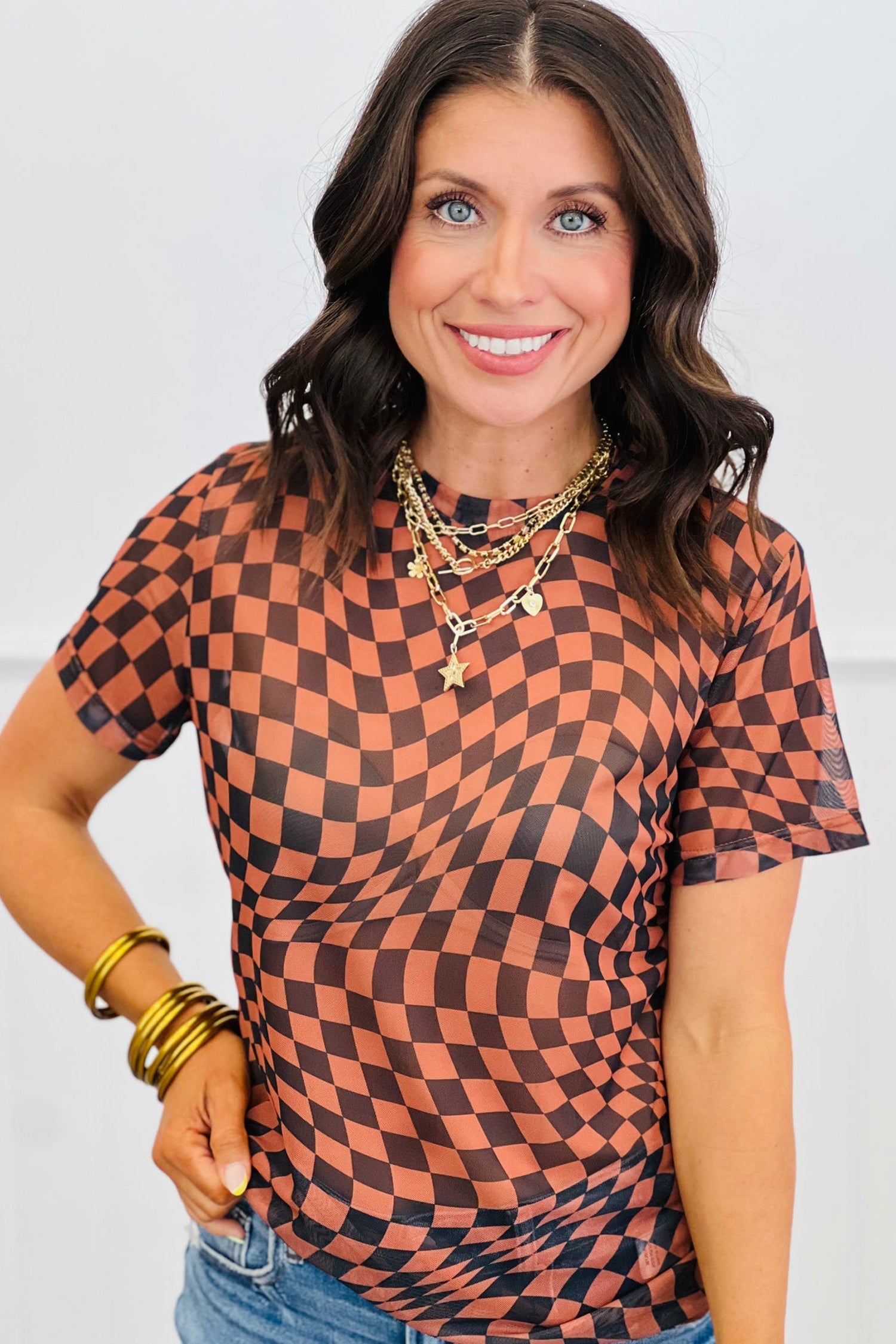 Orange Checkered Print Crew Neck Mesh T Shirt