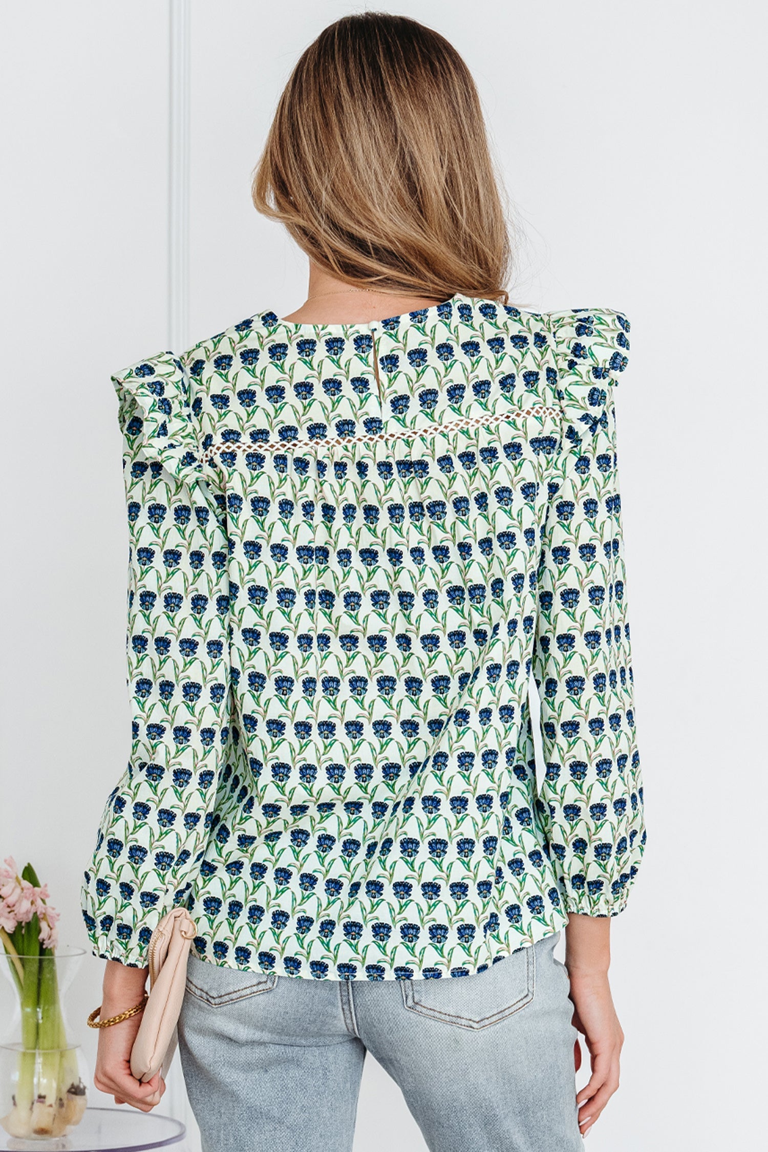 Green Floral Print Lace Detail Ruffle Trim Long Sleeve Blouse
