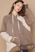Floral Patchwork Distressed Drawstring Hoodie with Raglan Sleeves