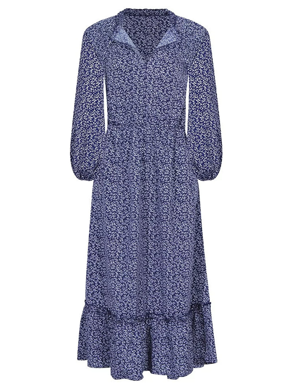 Floral Print Long-Sleeve Ruffle Hem Midi Dress
