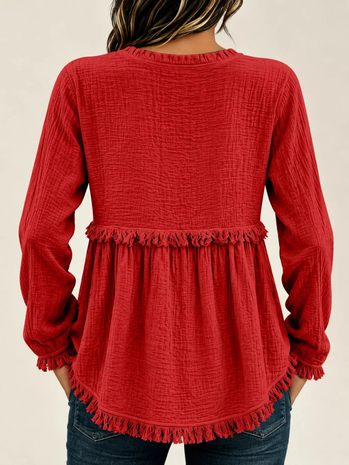 Full Size Frayed Hem Button Detail Blouse Plus Size