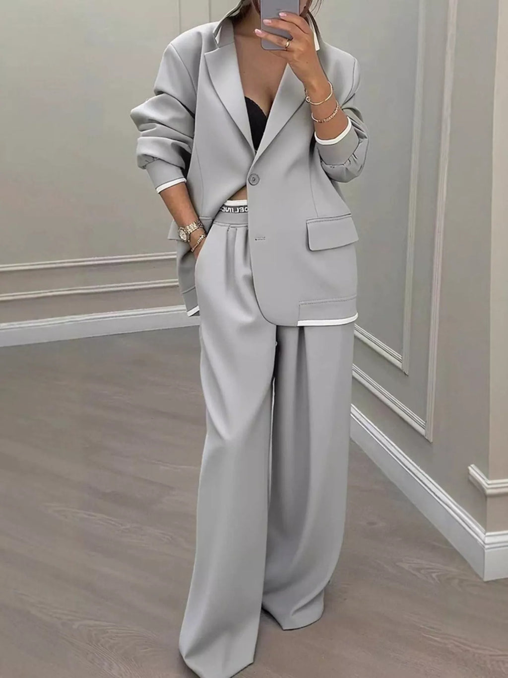 Full Size One Button Blazer and Wide-Leg Pants Set Plus Size