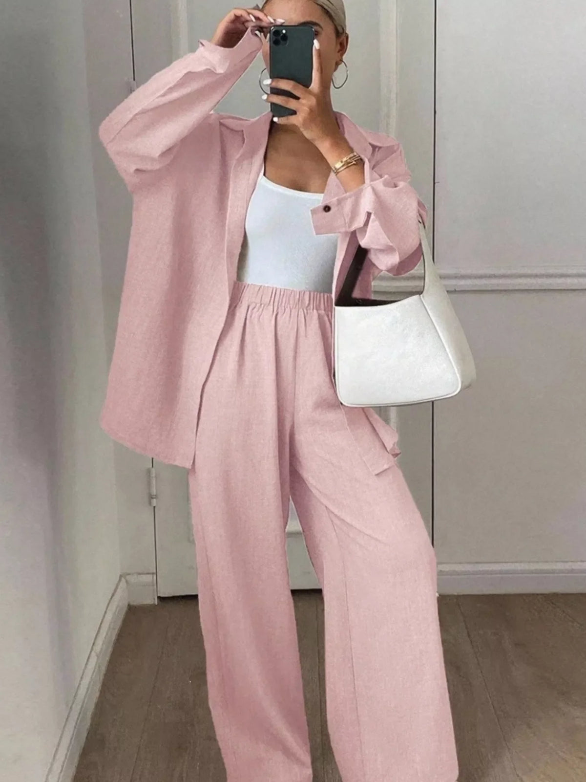 Button-Down Shirt and Wide-Leg Pants Set