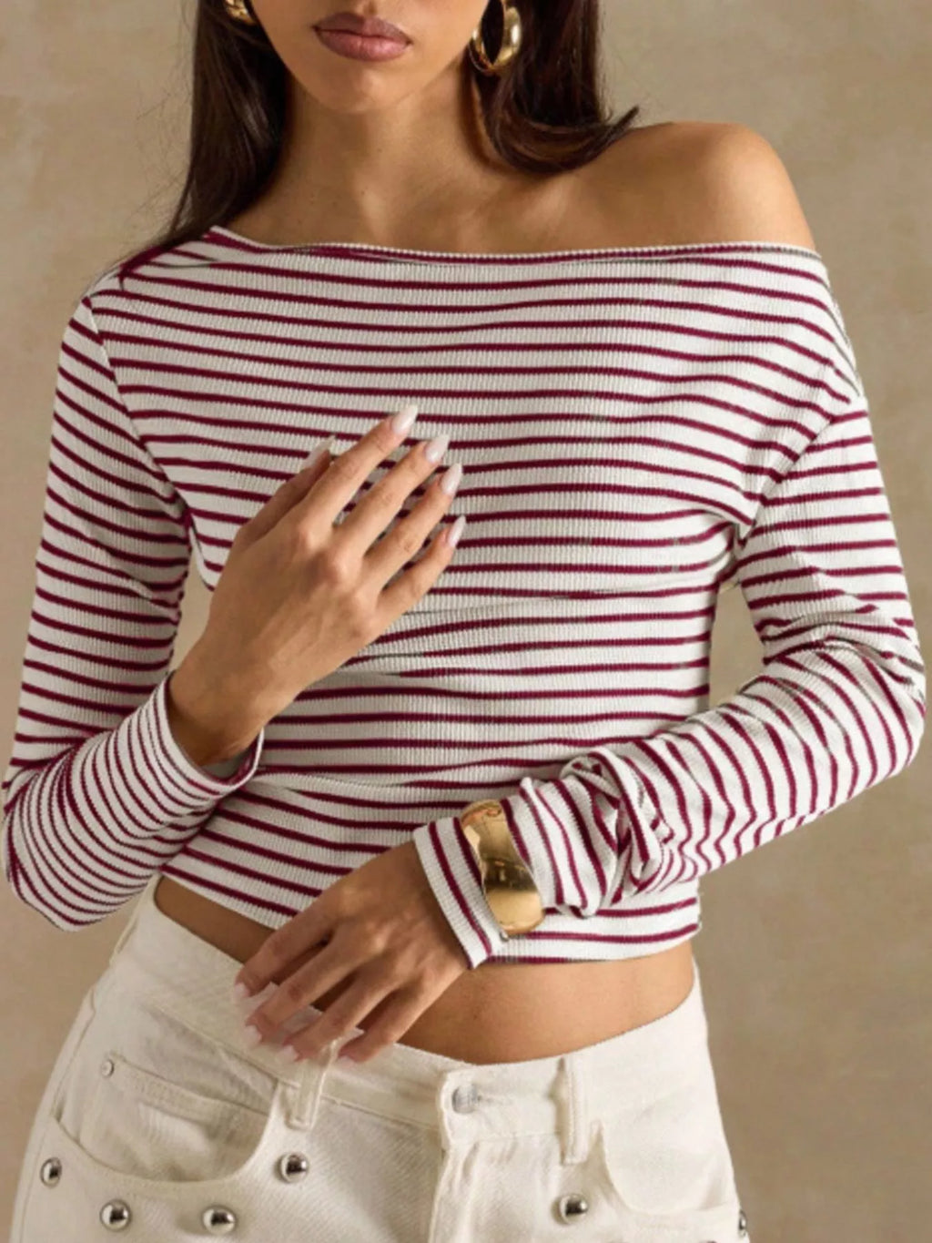 Off-Shoulder Striped Ribbed Long Sleeve T-Shirt