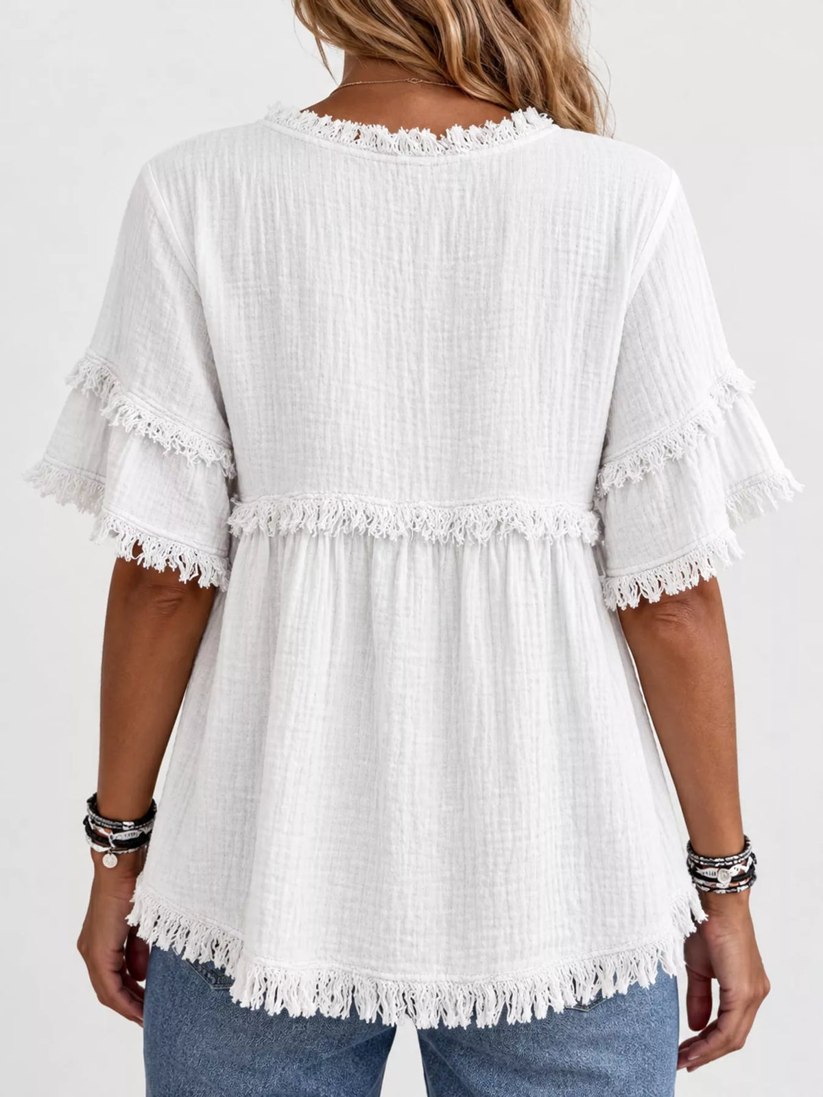 Full Size Frayed Edge Textured Blouse Plus Size
