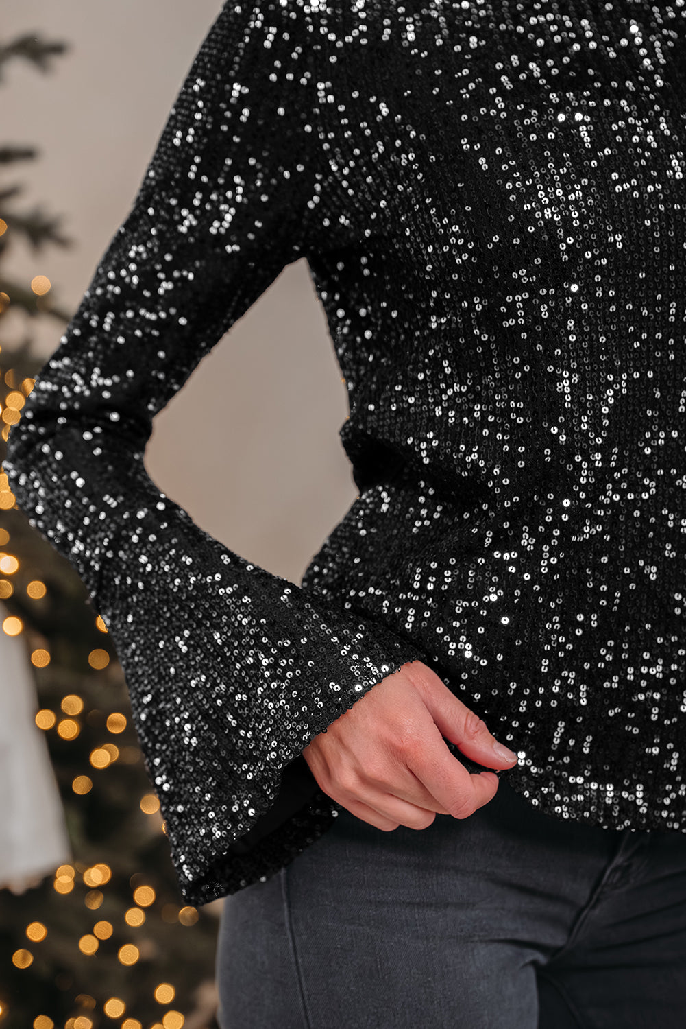 Solid Sequin Backless Bell Sleeve Top