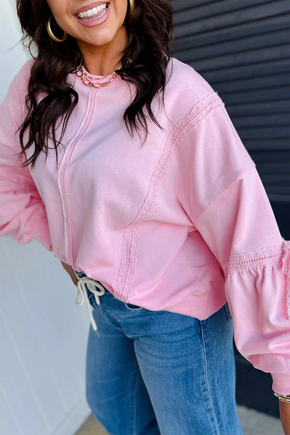 Solid Color Raw Seam Lace Detail Loose Casual Sweatshirt