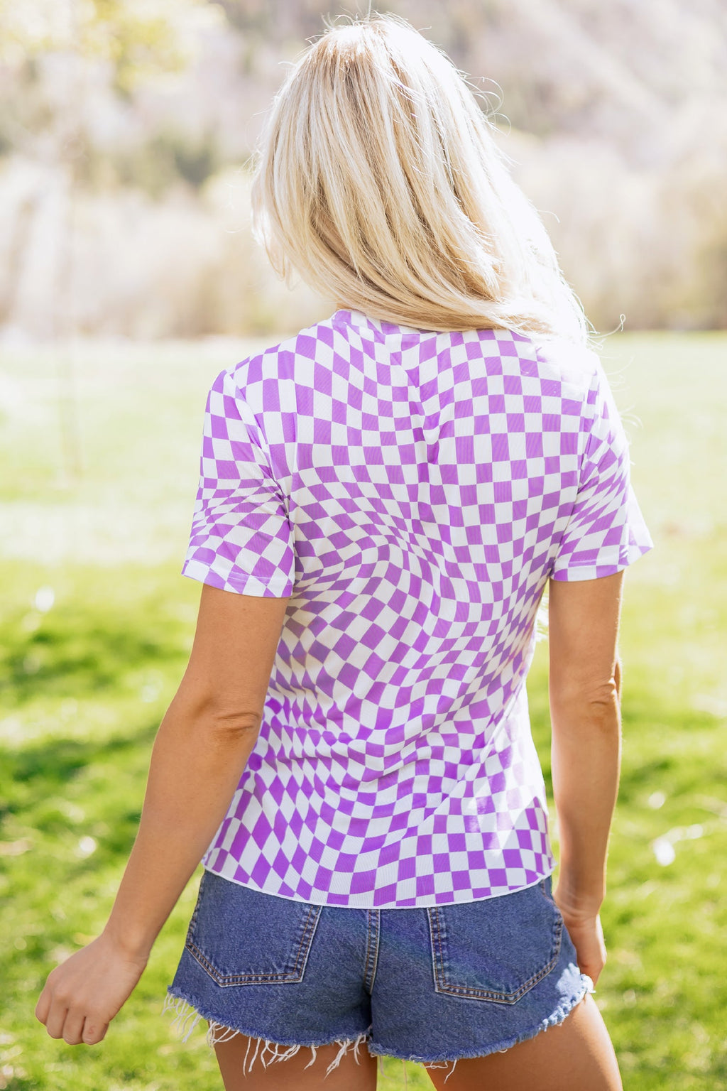 Purple Checkered Print Crew Neck Mesh T Shirt