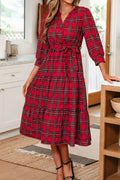 Christmas Plaid V Neck 3/4 Sleeve Tie Waist Ruffle Hem Midi Dress