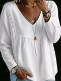Full Size V-Neck Lace Trimmed Long Sleeve Blouse Plus Size