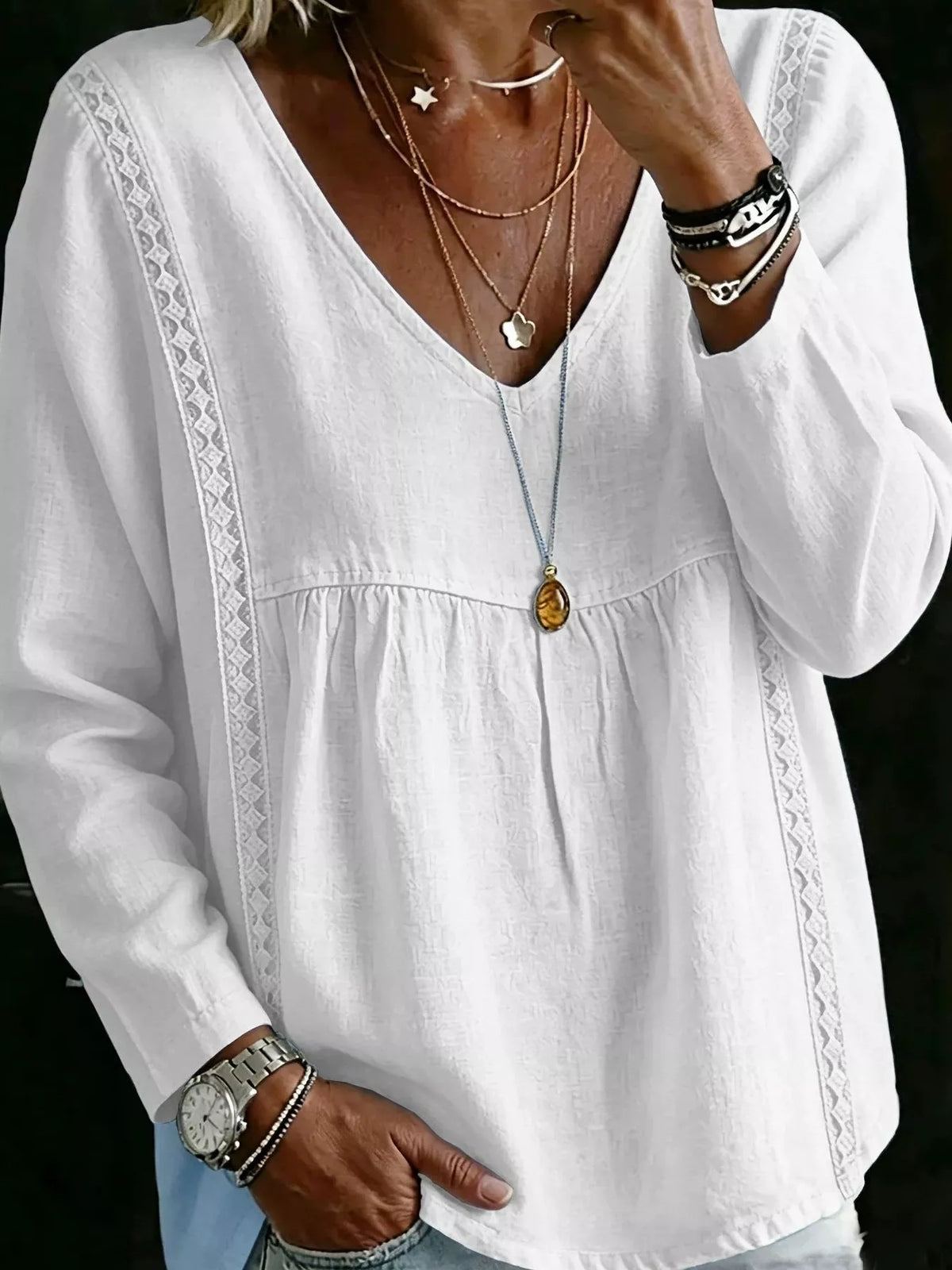 Full Size V-Neck Lace Trimmed Long Sleeve Blouse Plus Size