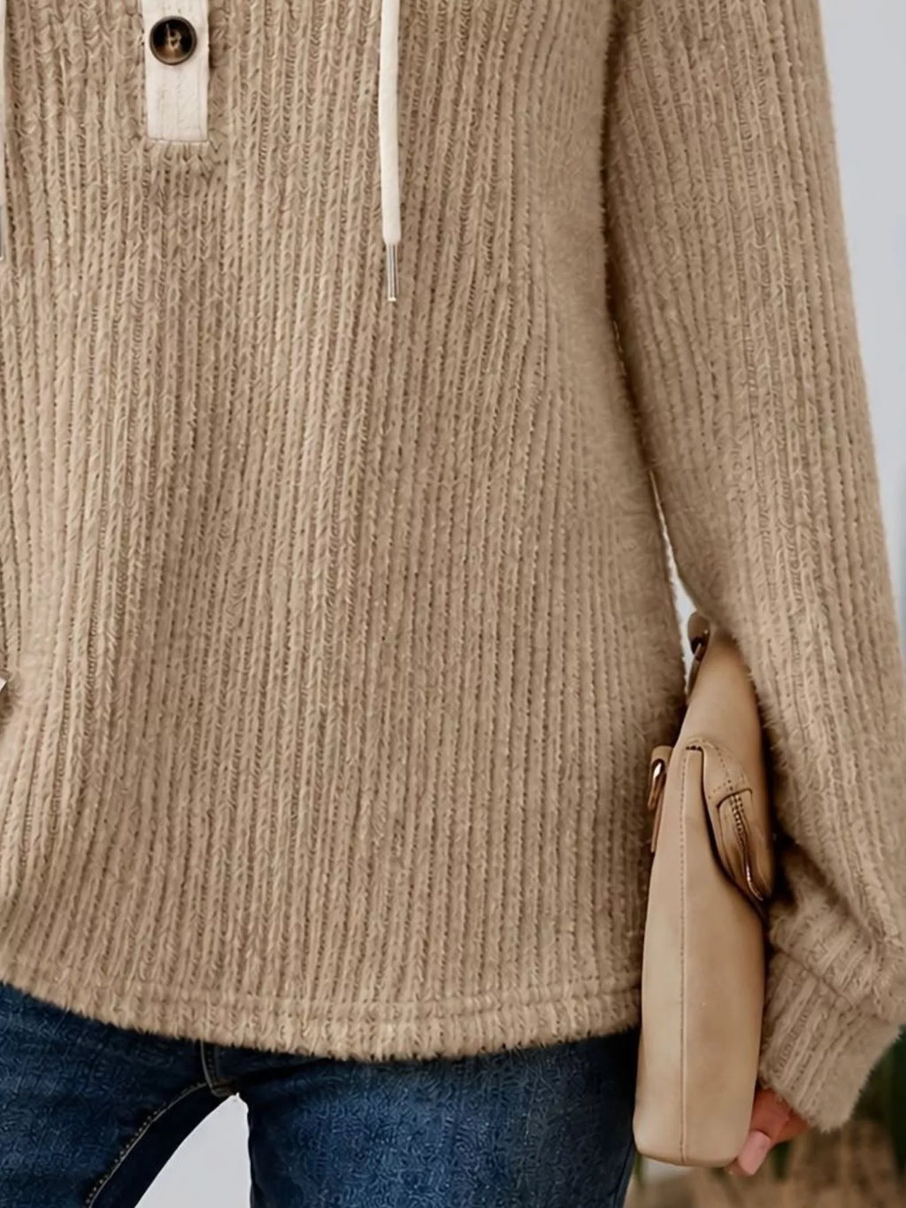 Full Size Drawstring Button Detail Hooded Sweater Plus Size