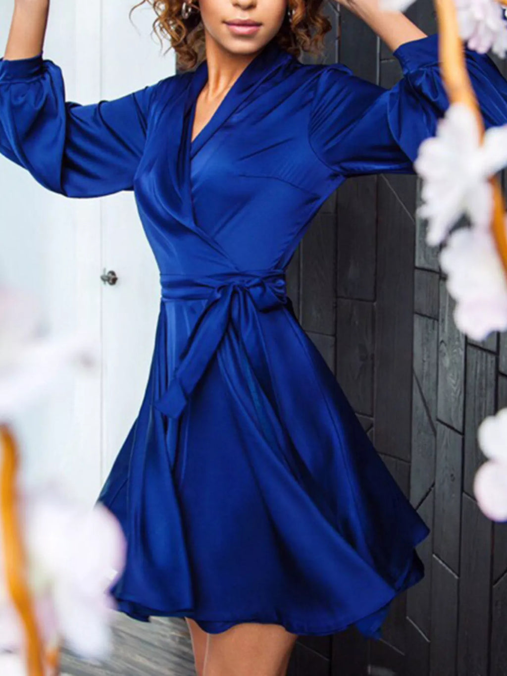 Satin Surplice Long Sleeve Mini Dress