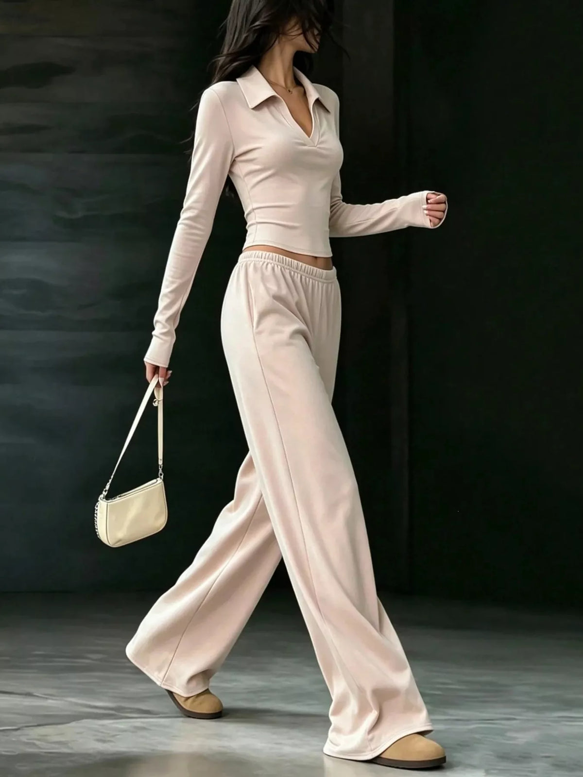Long-Sleeve Polo Top and Wide-Leg Pants Set