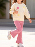 Children's Floral Applique Crewneck Sweatshirt and Ribbed Flare Pants Set