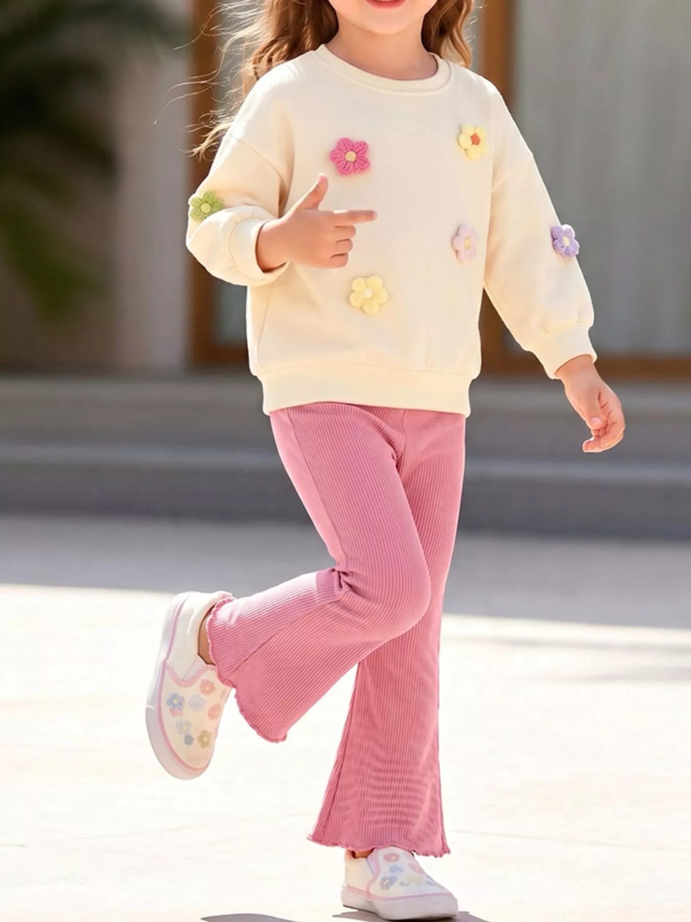 Children's Floral Applique Crewneck Sweatshirt and Ribbed Flare Pants Set