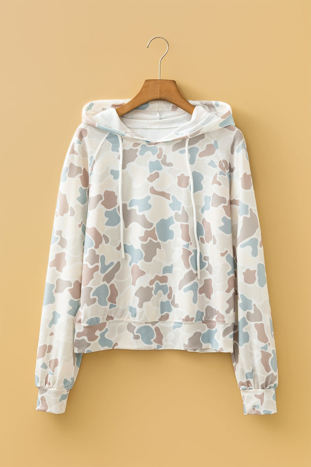 Beige Camouflage Print Long Sleeve Hooded Pullover Casual Top