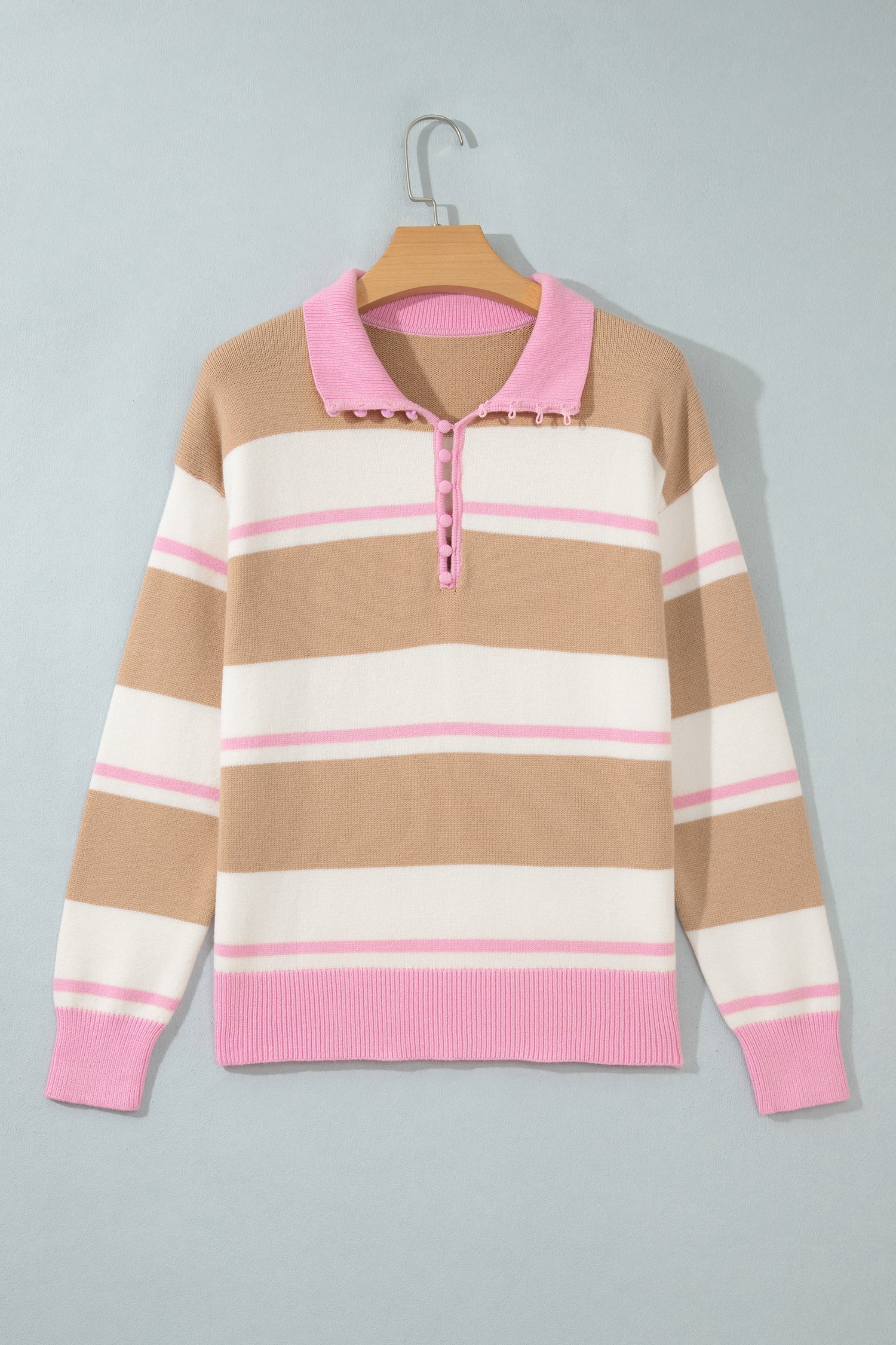 Khaki Stripe Striped Drop Shoulder Button Placket Long Sleeve Sweater
