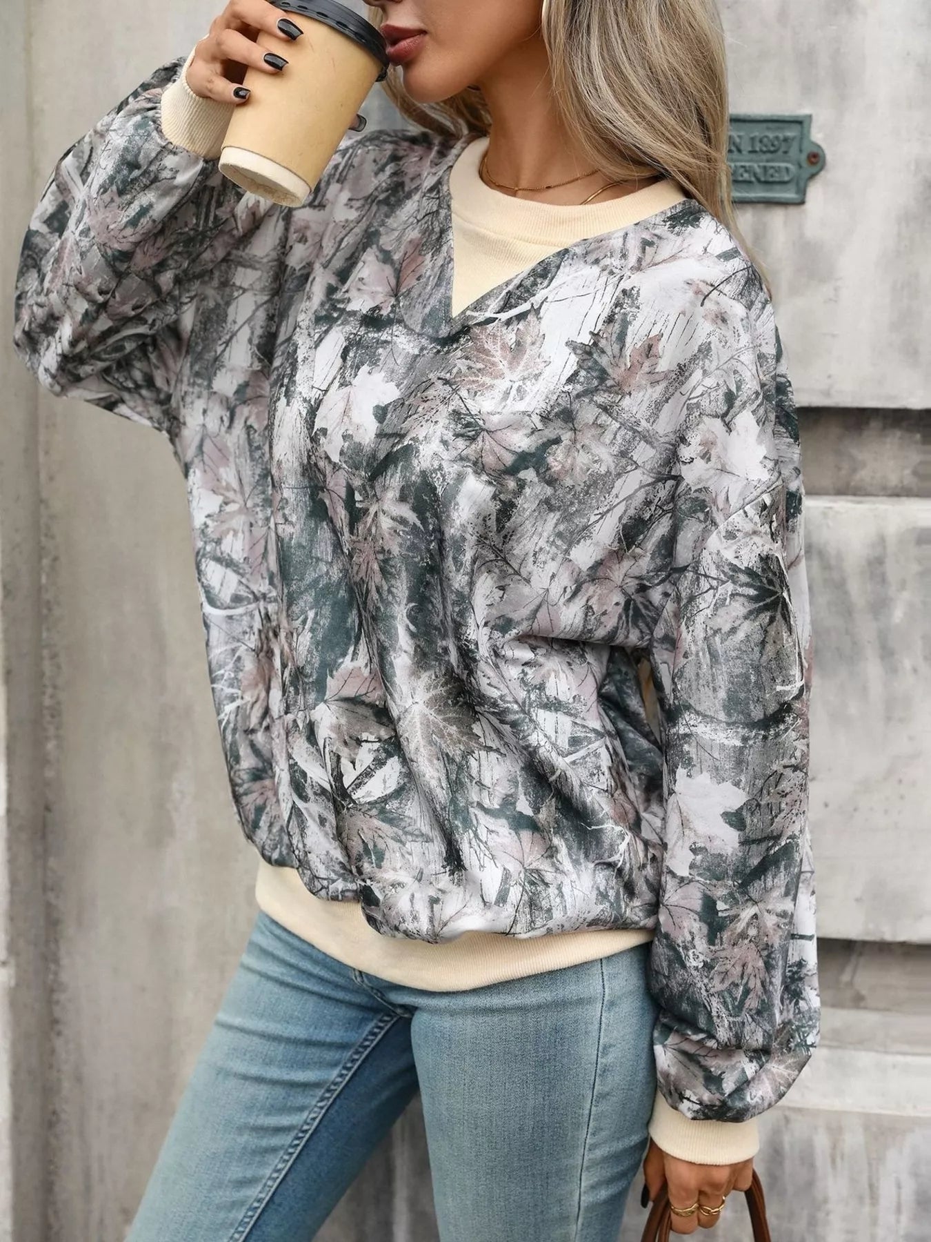 Leaf Print Sweatshirt with Contrasting Trim