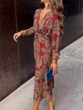 Full Size Printed V-Neck Long Sleeve Twisted Midi Dress Plus Size