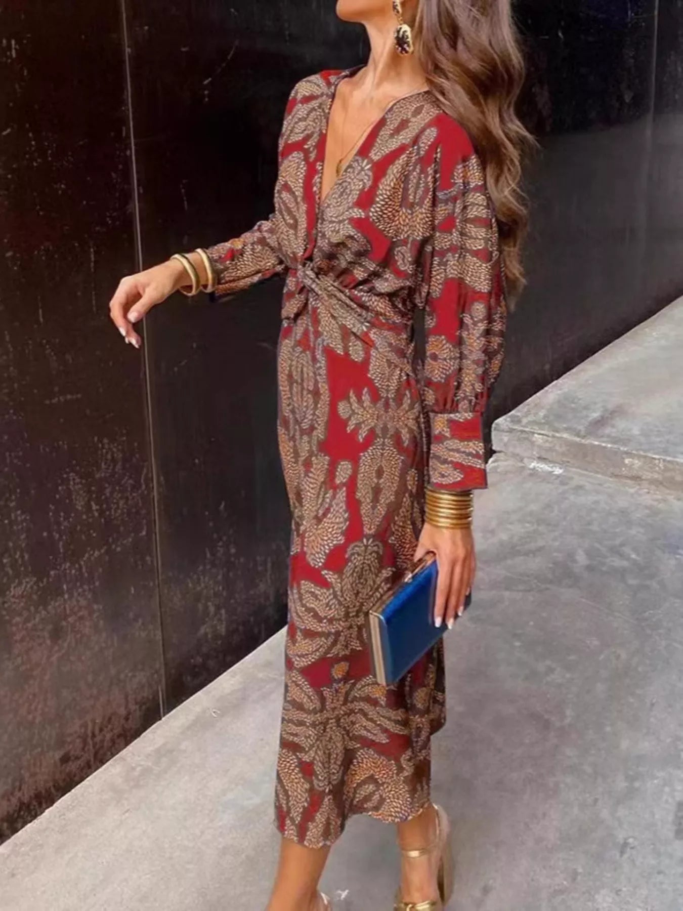 Full Size Printed V-Neck Long Sleeve Twisted Midi Dress Plus Size