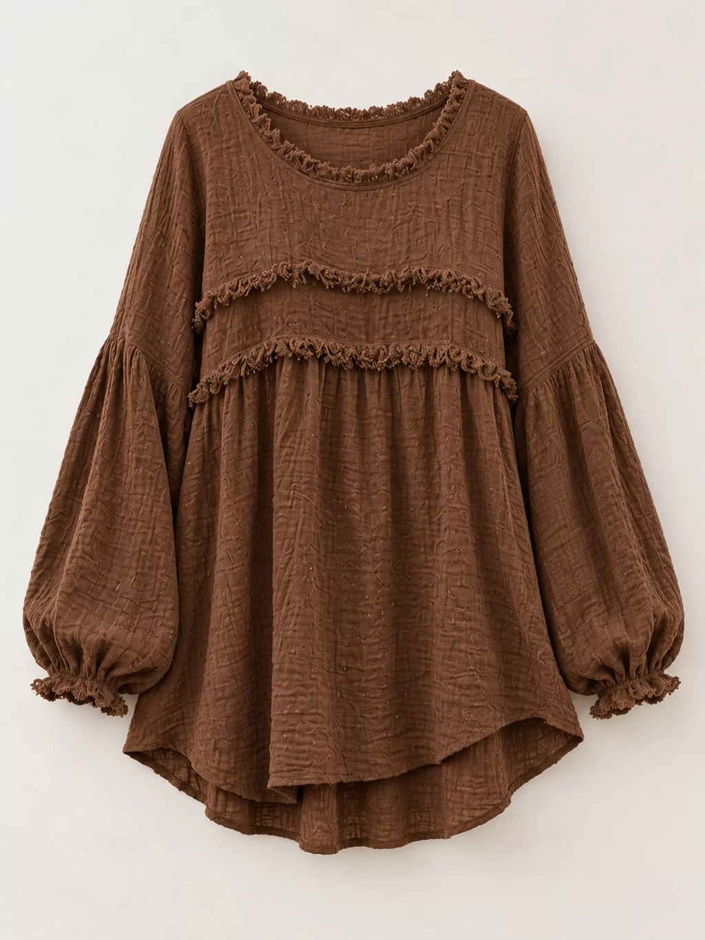 Full Size Boho Chic Textured Frayed Trim Peplum Blouse Plus Size
