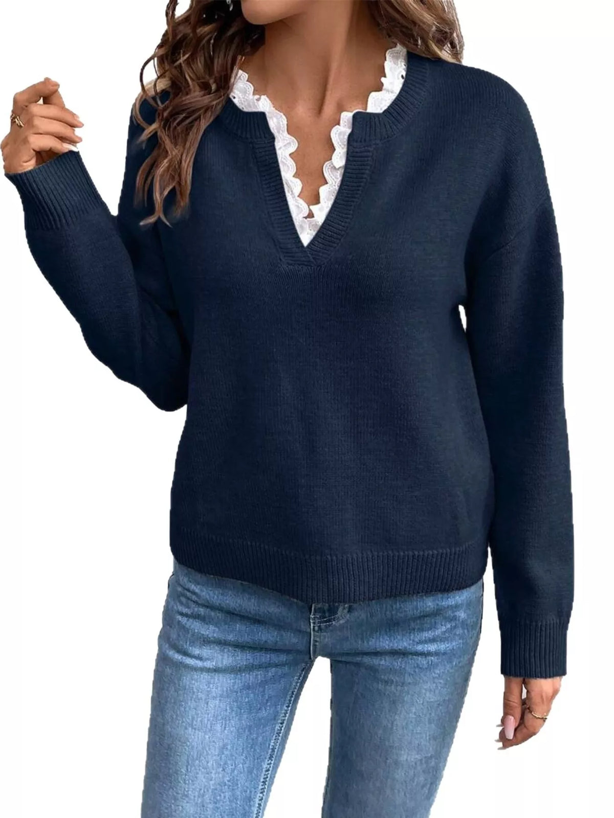 Lace Trim Dropped Shoulder Sweater