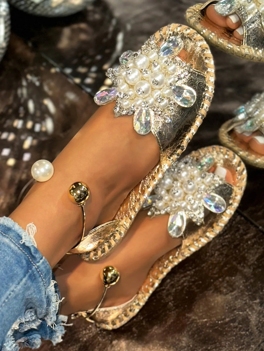 Pearl Crystal Embellished Flat Sandals