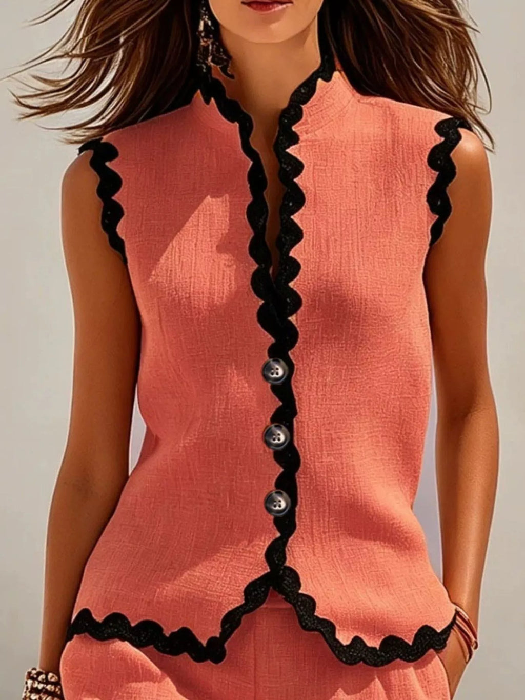 Full Size Scalloped Trim Sleeveless Vest and Shorts Two-Piece Set Plus Size