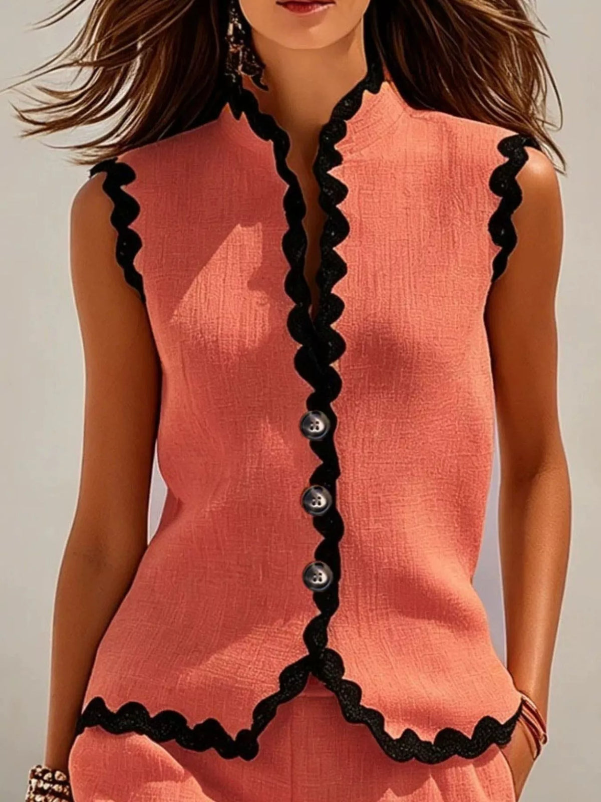 Full Size Scalloped Trim Sleeveless Vest and Shorts Two-Piece Set Plus Size