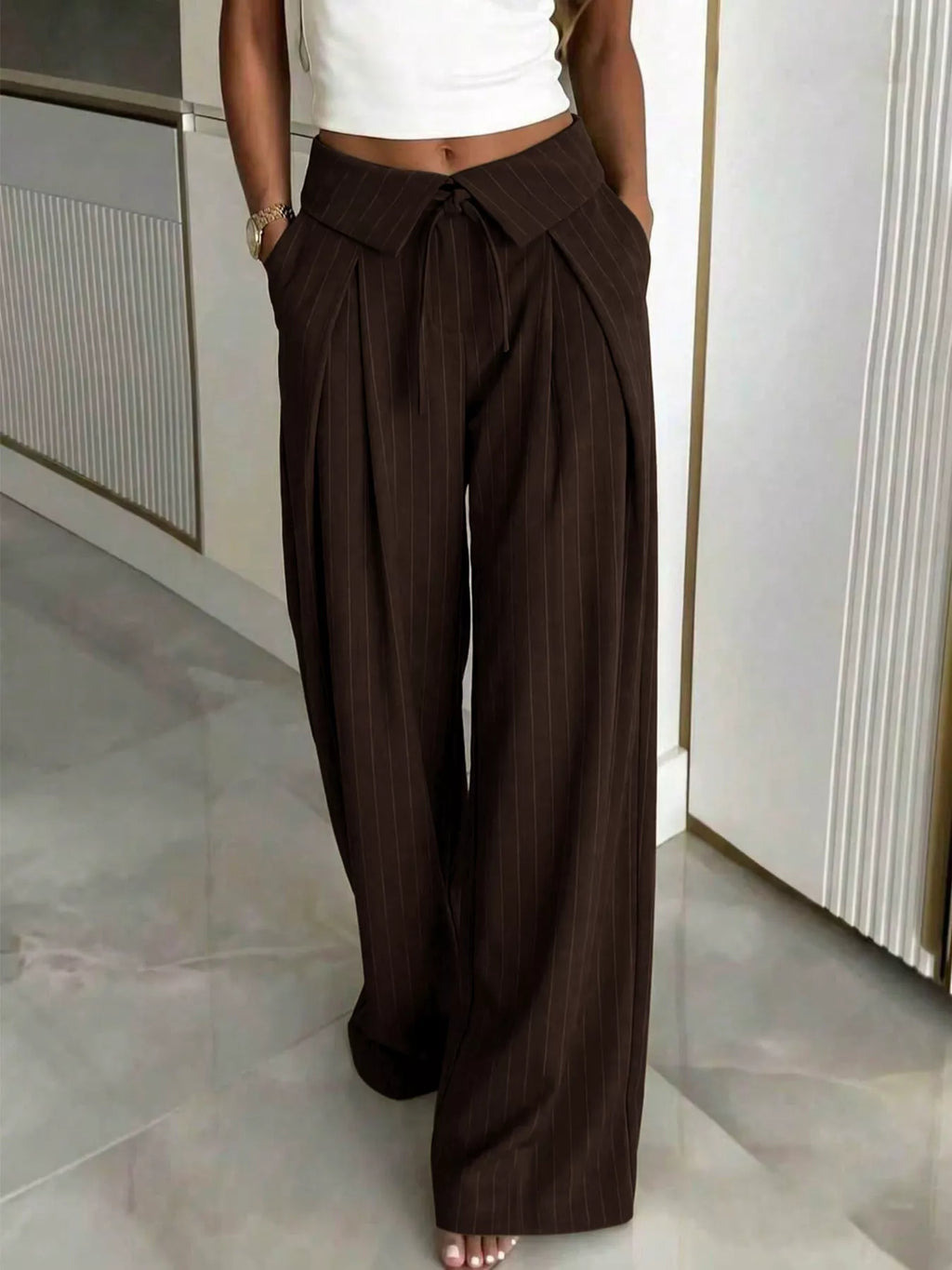 High-Waisted Wide-Leg Pinstripe Pants