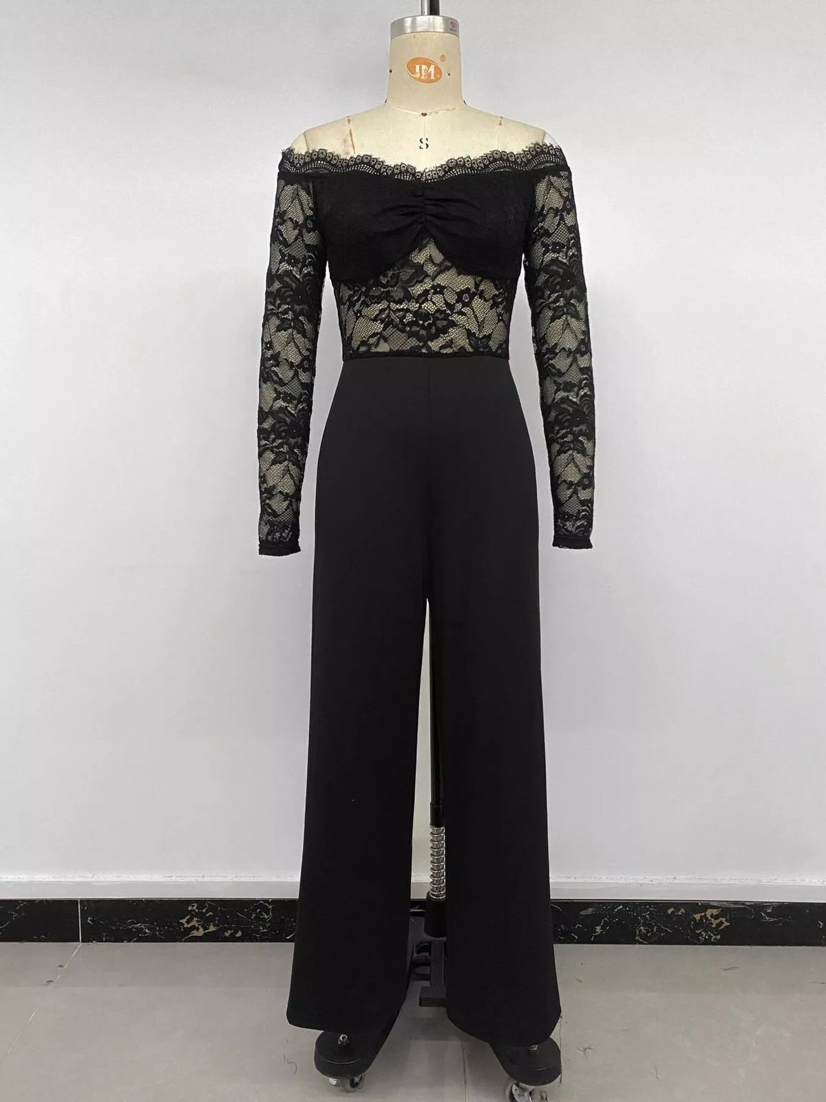 Off-Shoulder Lace Long Sleeve Wide-Leg Jumpsuit