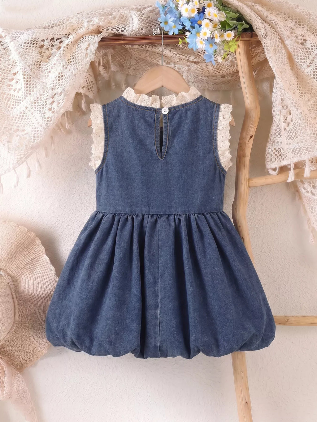 Children's Denim Cherry Applique Dress with Lace Trim