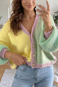 V Neck Drop Shoulder Patchwork Regular Wash Knitwear Cardigan