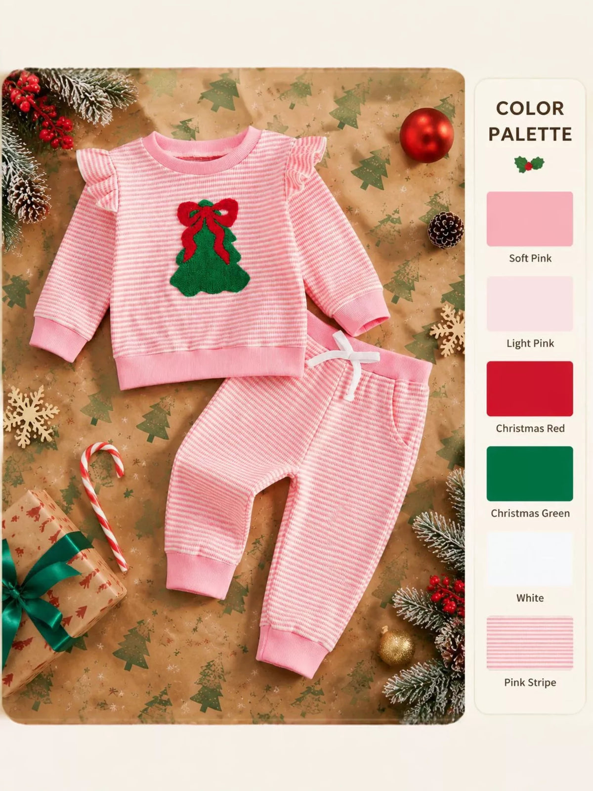 Children's Striped Christmas Tree Ruffle Pajama Set
