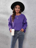 Ruffled Round Neck Dropped Shoulder Ribbed Sweater