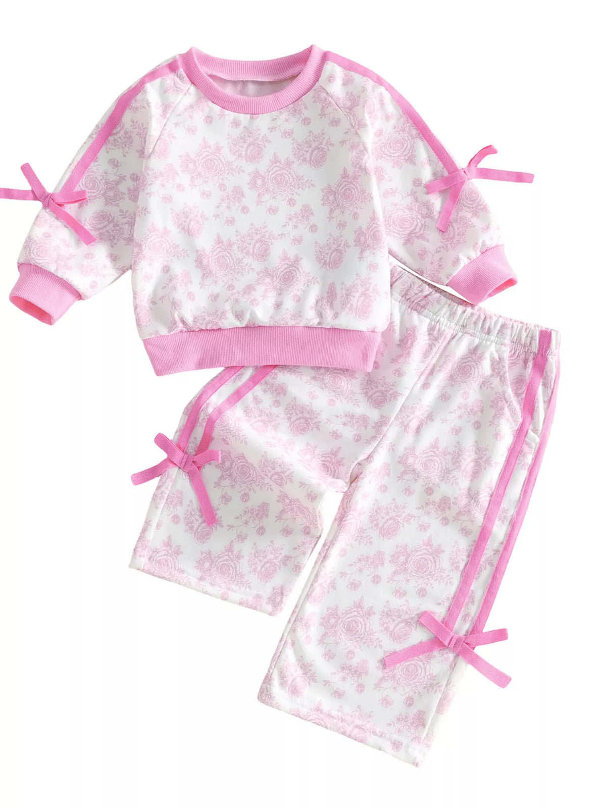 Children's Floral Print Round Neck Top and Pants Two-Piece Lounge Set